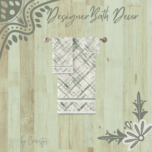 白パターン（の模様が）ある上のモスグリーン バスタオルセット