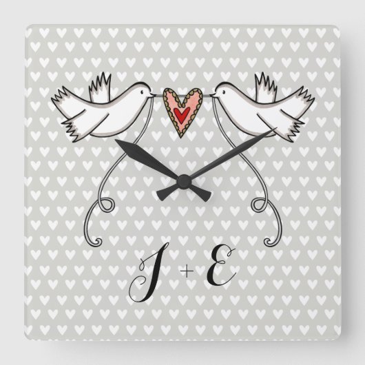白パーソナライズされたいハト結婚の贈り物アクリルスクア スクエア壁時計 (正面)