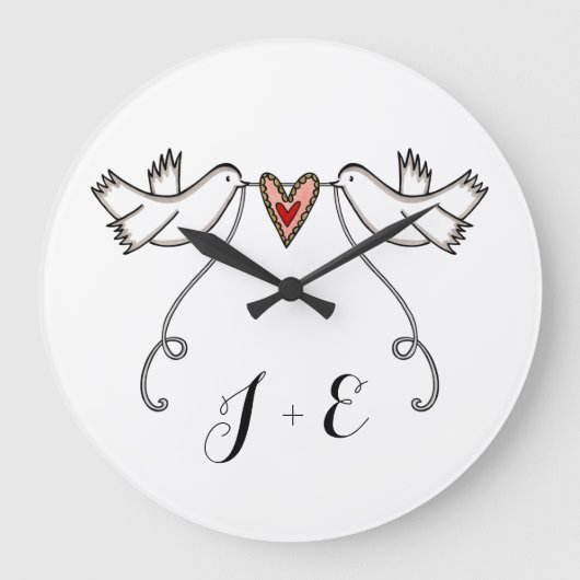 白パーソナライズされたいハト結婚の贈り物アクリルラーグ ラージ壁時計 (正面)
