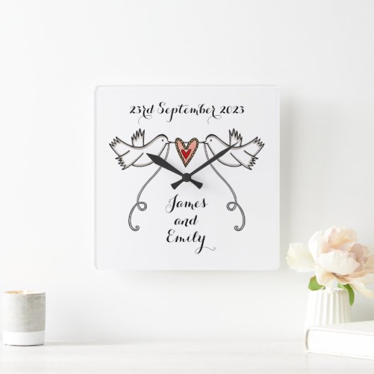 白パーソナライズされたいハト結婚の贈り物アクリル スクエア壁時計 (ホーム)