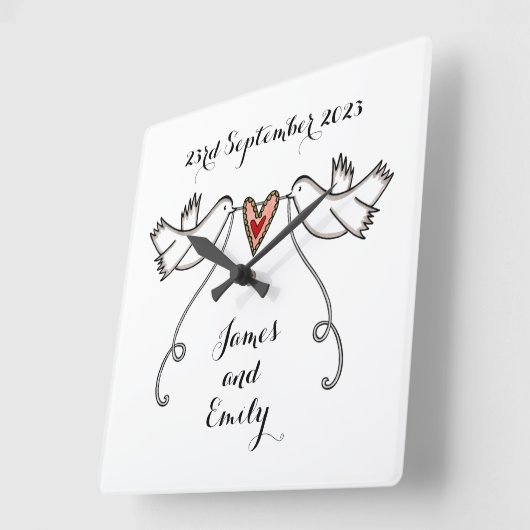 白パーソナライズされたいハト結婚の贈り物アクリル スクエア壁時計 (傾斜)