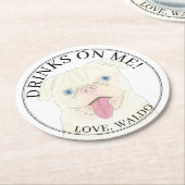 白パーソナライズされたいパグ結婚ドッグ ラウンドペーパーコースター (アングル)