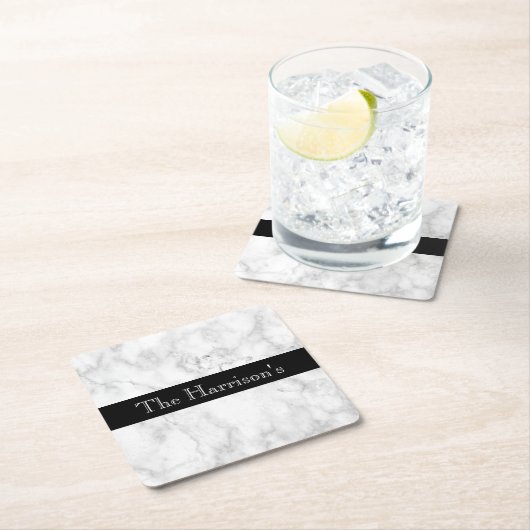 白パーソナライズされたい灰色と黒い大理石 スクエアペーパーコースター (インサイチュ)