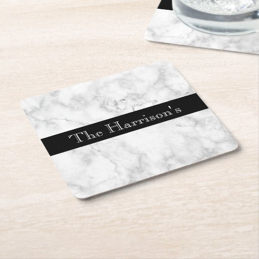 白パーソナライズされたい灰色と黒い大理石 スクエアペーパーコースター (アングル)