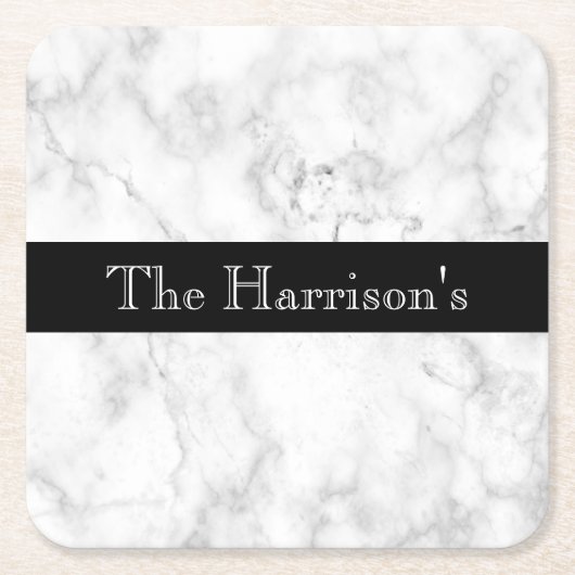 白パーソナライズされたい灰色と黒い大理石 スクエアペーパーコースター (正面)