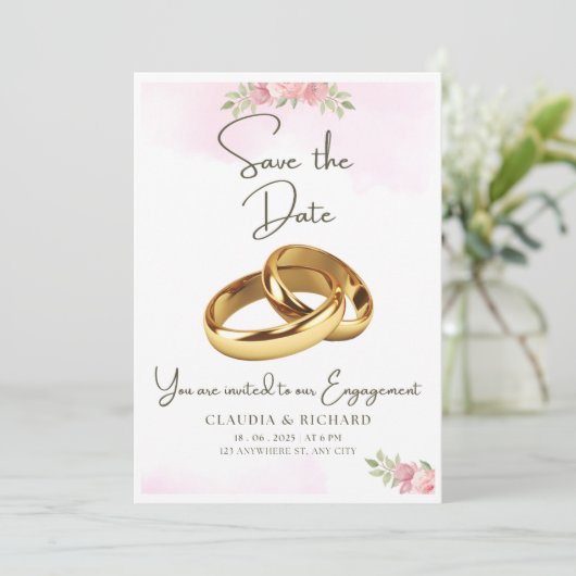 白パーソナライズされたとピンクの婚約カードデザイン 招待状 (スタンド正面)