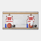 白パーソナライズされたと赤のバスケットボールジャージー デスクマット (キーボード&マウス)