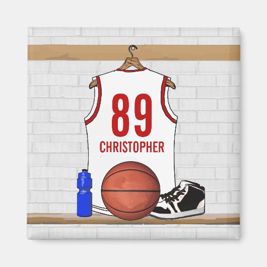 白パーソナライズされたと赤のバスケットボールジャージー マグネット (正面)