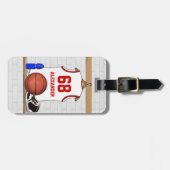 白パーソナライズされたと赤のバスケットボールジャージー ラゲッジタグ (正面横)