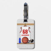 白パーソナライズされたと赤のバスケットボールジャージー ラゲッジタグ (裏面縦)