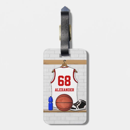 白パーソナライズされたと赤のバスケットボールジャージー ラゲッジタグ (裏面縦)