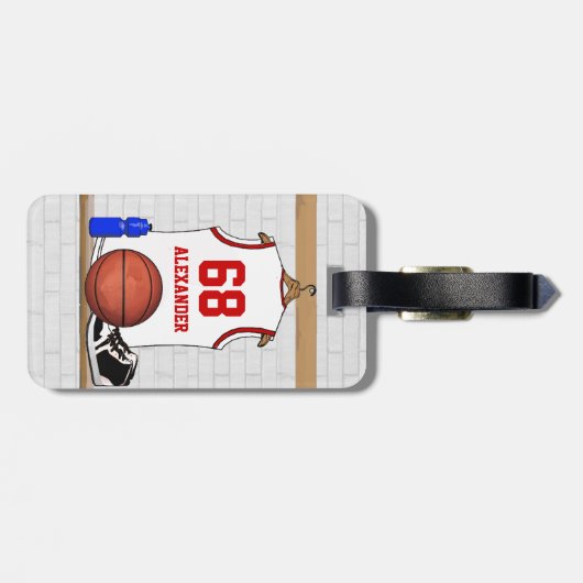 白パーソナライズされたと赤のバスケットボールジャージー ラゲッジタグ (裏面横)