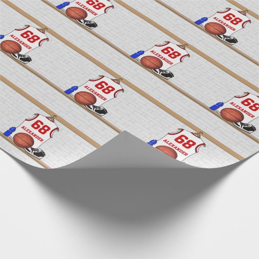 白パーソナライズされたと赤のバスケットボールジャージー ラッピングペーパー (角)