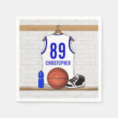 白パーソナライズされたと青のバスケットボールジャージー スタンダードカクテルナプキン (正面)
