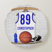 白パーソナライズされたと青のバスケットボールジャージー ラウンドクッション (裏面)