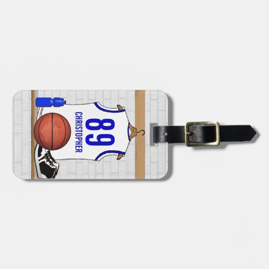 白パーソナライズされたと青のバスケットボールジャージー ラゲッジタグ (正面横)