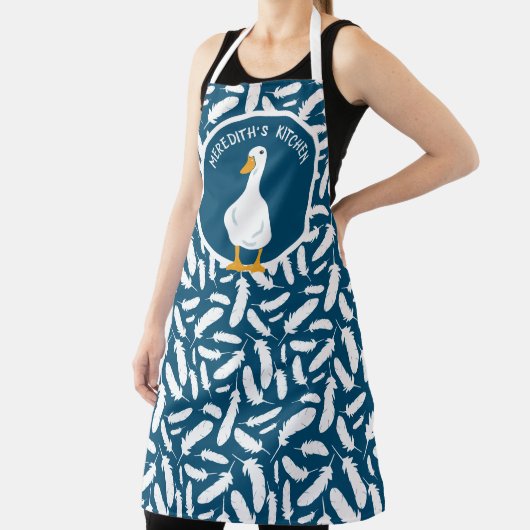 白パーソナライズされたアヒルの羽模様ネイビーブルー エプロン (インサイチュ)