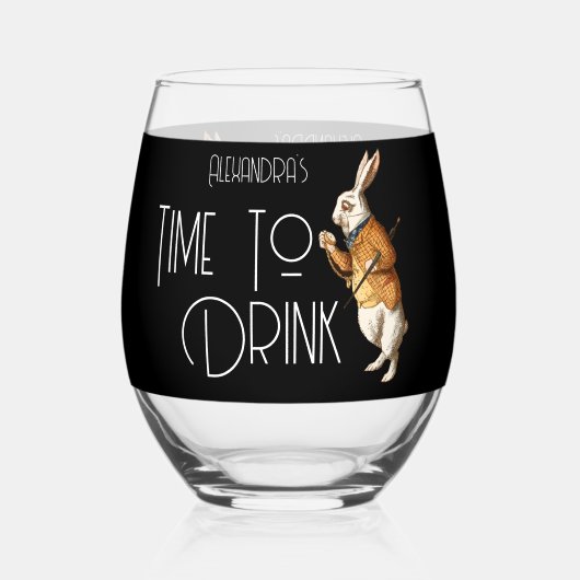 白パーソナライズされたウサギの時間を飲む ステムなしワイングラス (正面)