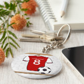 白パーソナライズされたサッカージャージー付き赤 キーホルダー (側面)