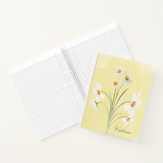 白パーソナライズされたデイジー黄フローラ水色 ノートブック (内部)
