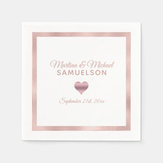 白パーソナライズされたバラ金ゴールドハートフレ結婚ーム スタンダードカクテルナプキン (正面)