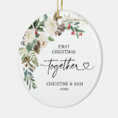 白パーソナライズされたフローラ初めてのクリスマス セラミックオーナメント (左)