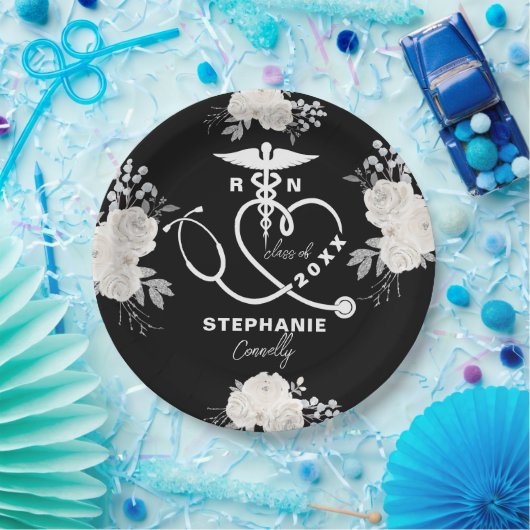 白パーソナライズされたフローラRN看護学校卒業 ペーパープレート (パーティー)