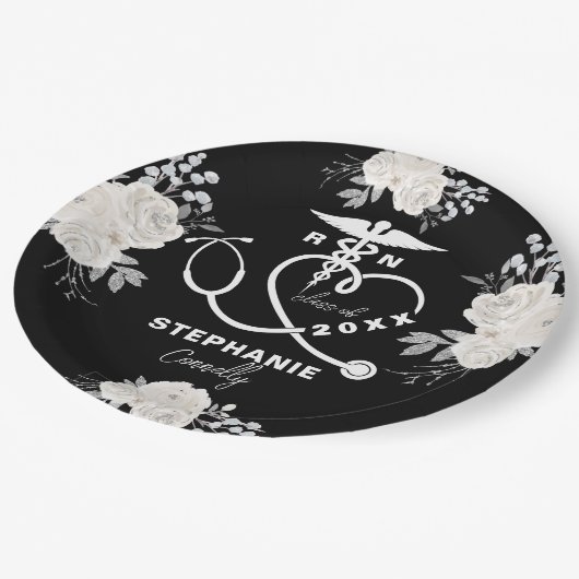 白パーソナライズされたフローラRN看護学校卒業 ペーパープレート (アングル)