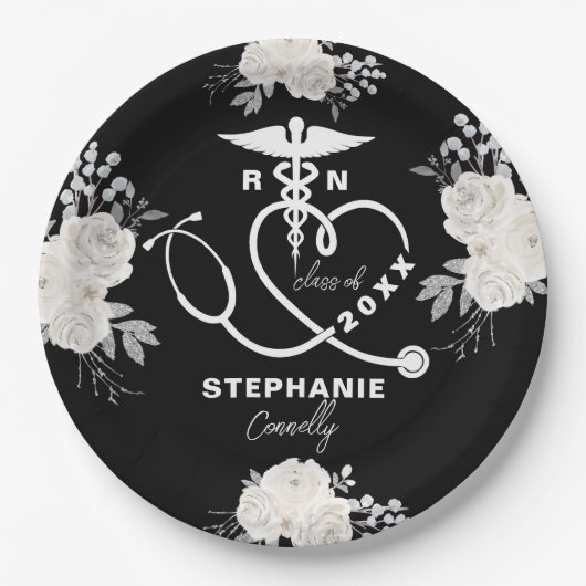 白パーソナライズされたフローラRN看護学校卒業 ペーパープレート (正面)