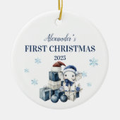 白パーソナライズされたベビー象初めてのクリスマス セラミックオーナメント (正面)