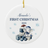 白パーソナライズされたベビー象初めてのクリスマス セラミックオーナメント (裏面)