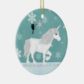 白パーソナライズされた一角獣、妖精、雪片 セラミックオーナメント (右)