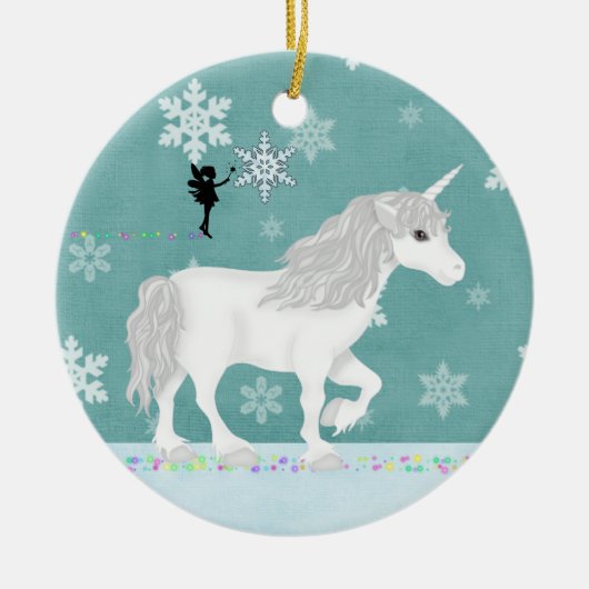 白パーソナライズされた一角獣、妖精、雪片 セラミックオーナメント (正面)