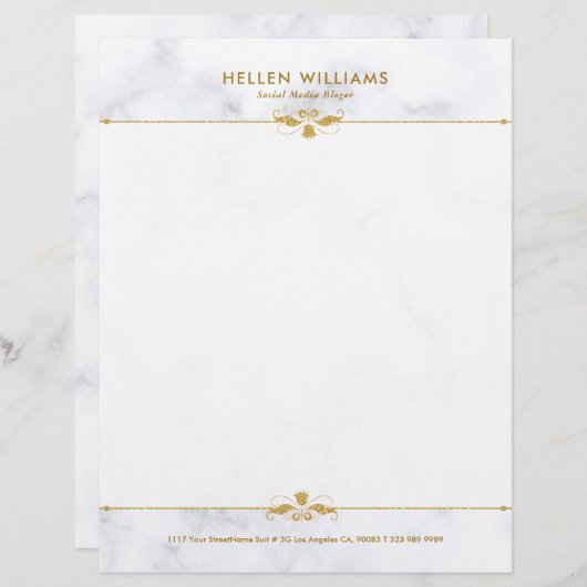 白パーソナライズされた大理石フェイク金ゴールドフローラアクセント レターヘッド (正面/裏面)