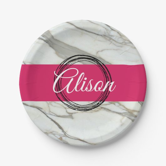 白パーソナライズされた大理石明るい赤紫色ピンク ペーパープレート (正面)