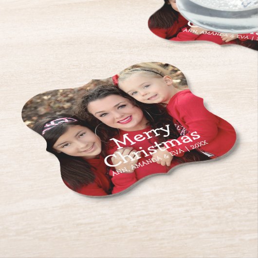 白パーソナライズされた文字メリークリスマスフォト ペーパーコースター (アングル)