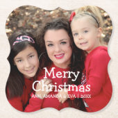 白パーソナライズされた文字メリークリスマスフォト ペーパーコースター (正面)