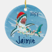 白パーソナライズされた素晴らしサメ海水色 セラミックオーナメント (裏面)