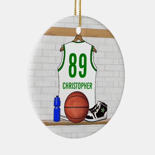 白パーソナライズされた緑バスケットボールジャージー セラミックオーナメント (右)