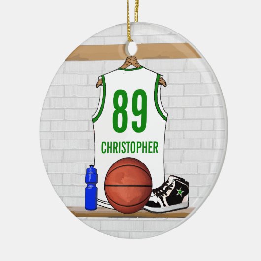 白パーソナライズされた緑バスケットボールジャージー セラミックオーナメント (左)