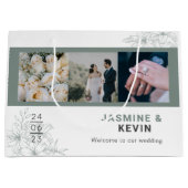 白パーソナライズされた色の結婚写真 ラージペーパーバッグ (正面)