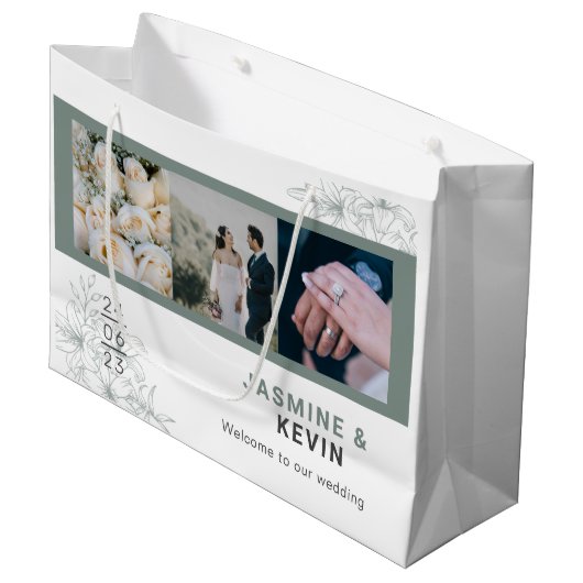 白パーソナライズされた色の結婚写真 ラージペーパーバッグ (正面アングル)