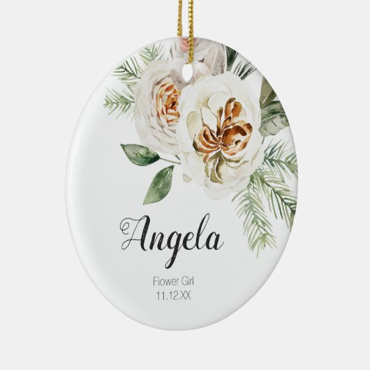 白パーソナライズされた花女子クリスマス セラミックオーナメント (右)