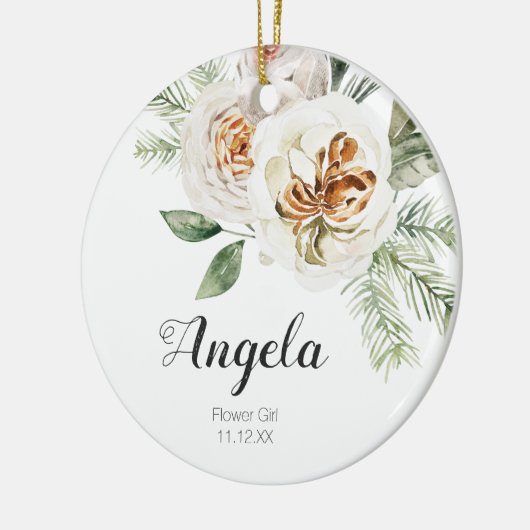 白パーソナライズされた花女子クリスマス セラミックオーナメント (左)