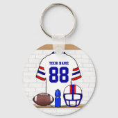 白パーソナライズされた赤ブルーサッカージャージー キーホルダー (正面)