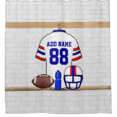 白パーソナライズされた赤ブルーサッカージャージー シャワーカーテン (正面)