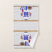 白パーソナライズされた赤ブルーサッカージャージー バスタオルセット (ハンドタオル)