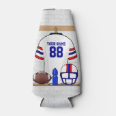 白パーソナライズされた赤ブルーサッカージャージー ボトルクーラー (正面)