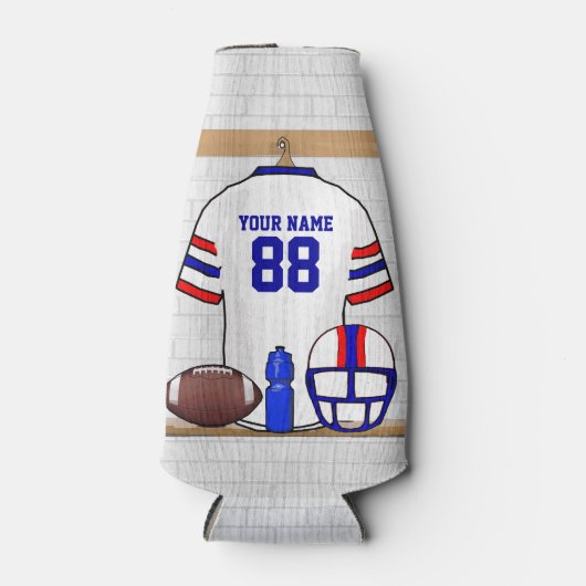 白パーソナライズされた赤ブルーサッカージャージー ボトルクーラー (正面)