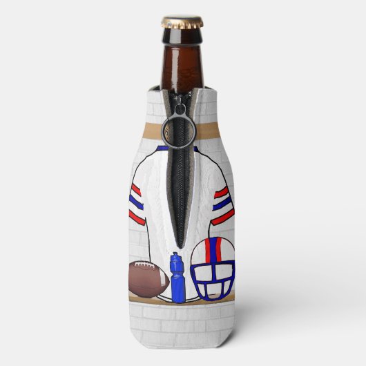 白パーソナライズされた赤ブルーサッカージャージー ボトルクーラー (ボトル裏面)